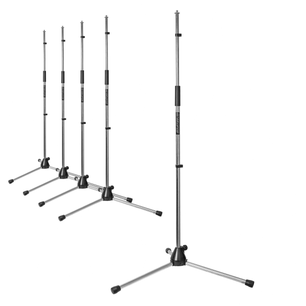 Four Spectrum Chrome Upright Mic Stands with tripod bases and black rubber feet, arranged in a diagonal row.