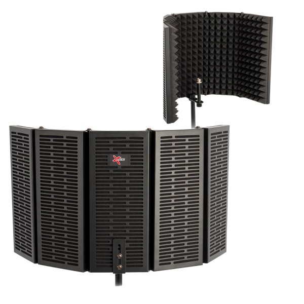Black five-panel Xtreme microphone isolation shield with slotted metal backing and acoustic foam interior, alongside an inset view showing the inner foam curve and microphone mounting post.