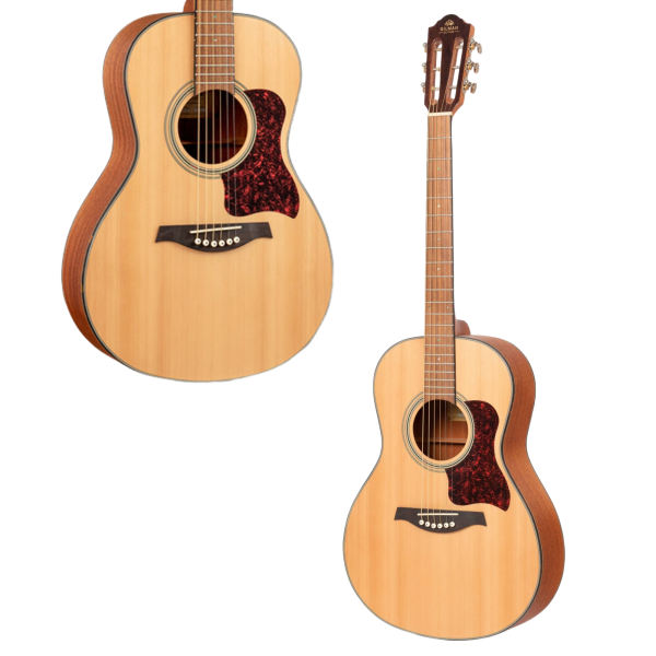 A Gilman GPA10 parlor acoustic guitar featuring a natural finish top, dark back and sides, and a tortoiseshell pickguard.