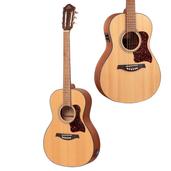 A Gilman GPA10E parlor acoustic-electric guitar with a natural finish top and dark wood back and sides. An inset highlights the side-mounted preamp and EQ control panel.