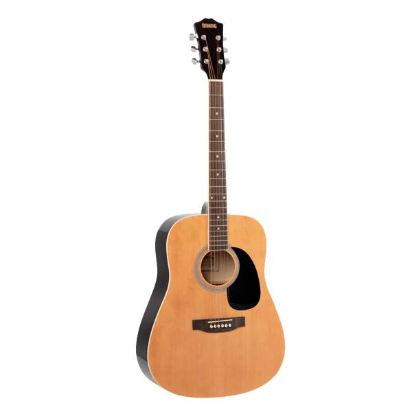RED50 The Redding full-sized dreadnought acoustic guitar in a natural gloss finish, featuring a spruce top and triple ring herringbone rosette.