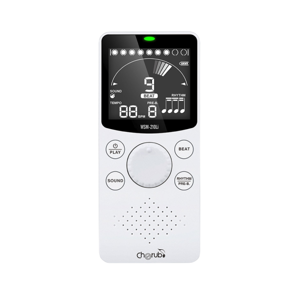 A white Cherub electronic metronome featuring a black digital display screen, a central dial, four control buttons, a lower speaker grill, and a green indicator light at the top.