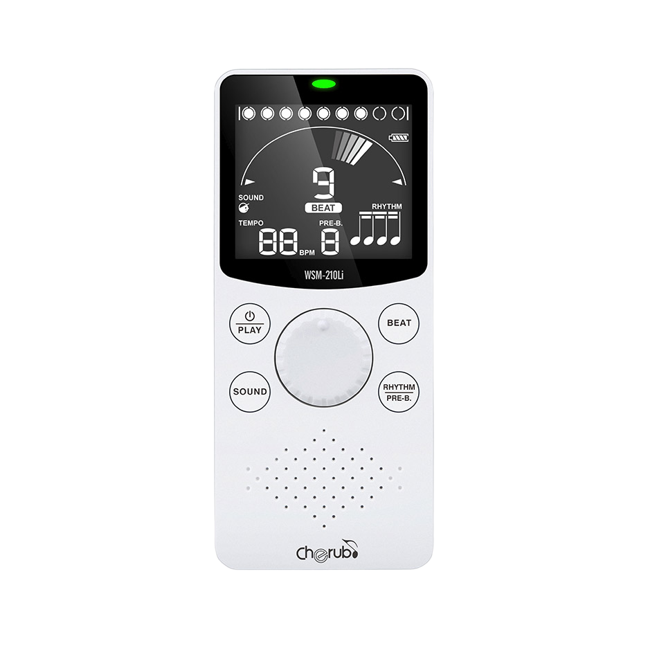A white Cherub electronic metronome featuring a black digital display screen, a central dial, four control buttons, a lower speaker grill, and a green indicator light at the top.