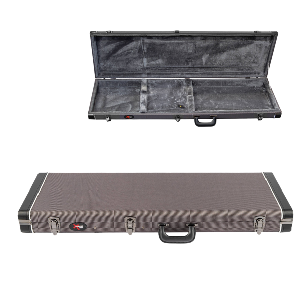 Top view shows an open rectangular hard case with a plush grey interior and storage compartments. Bottom view displays the closed case featuring a grey textured exterior, black end caps, three silver latches, and a black handle.