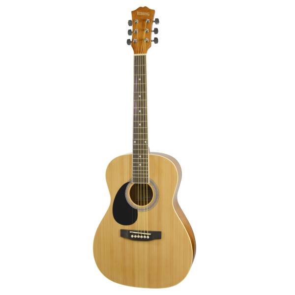 A left-handed Redding ¾ size steel-string acoustic guitar featuring a spruce top and a dark teardrop scratchplate.