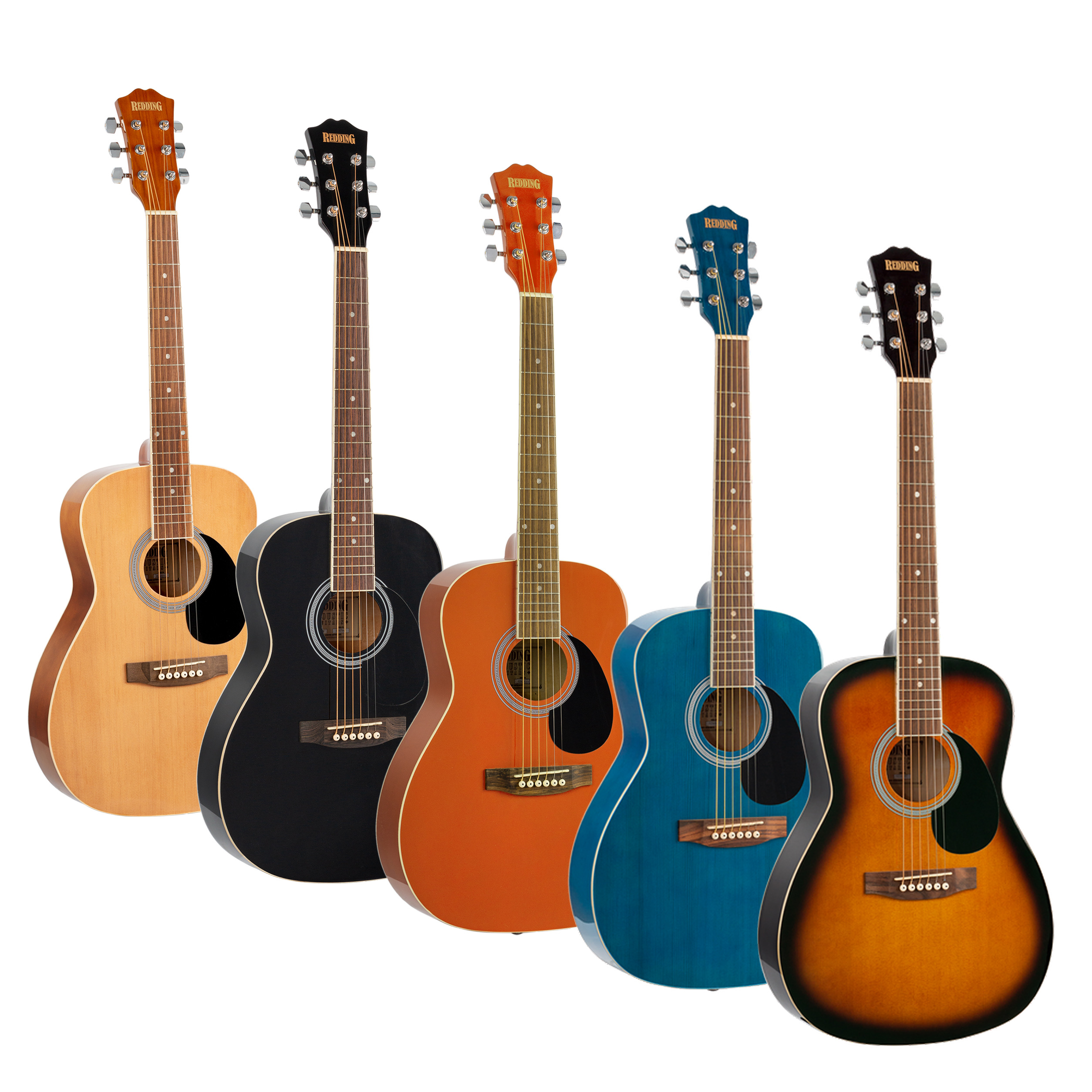 A collection of Redding ¾ size dreadnought acoustic guitars displayed in multiple finish variations including Natural, Sunburst, and Transparent Blue