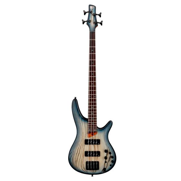 Front view of an Ibanez SR600E CTF electric 4-string bass guitar featuring an ash wood body with a Cosmic Blue Starburst Flat finish and Nordstrand Big Break pickups on a white background.