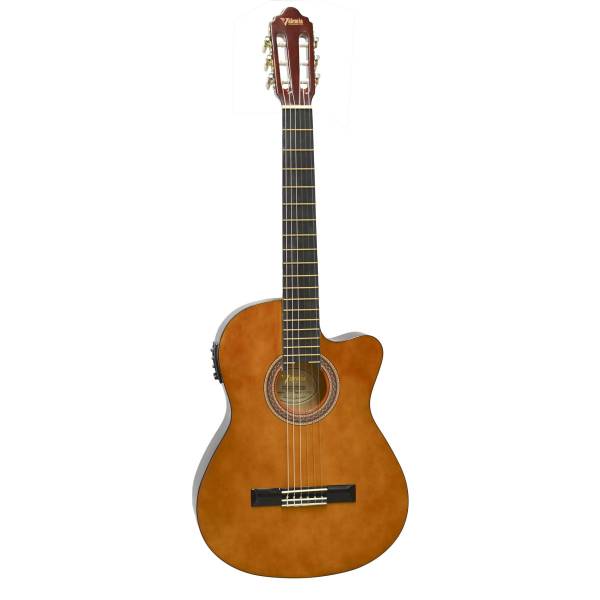 Valencia VC104CE full-size electric-acoustic classical guitar featuring a cutaway body design, nylon strings, and built-in electronics on a white background.
