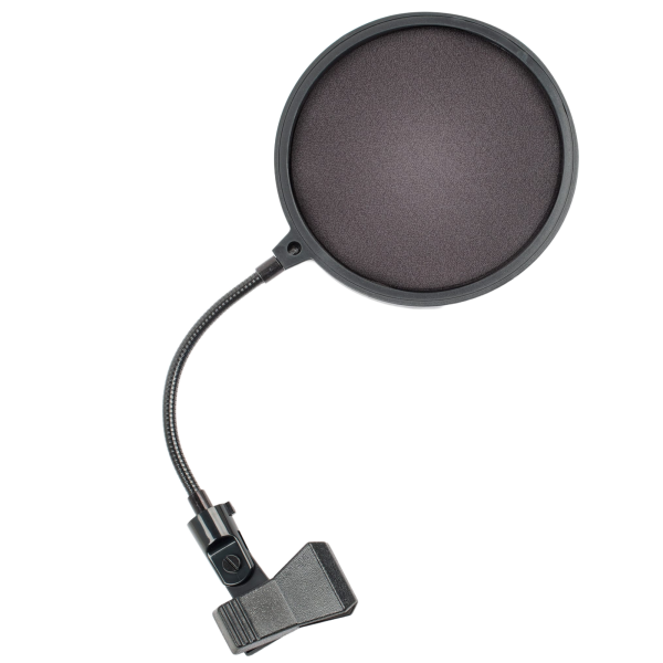 Round black mesh pop filter attached to a six-inch flexible gooseneck ending in a black spring-loaded clamp.