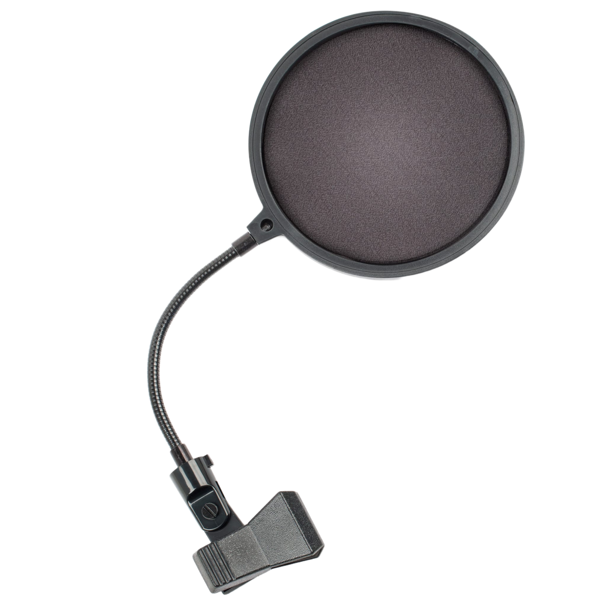 Round black mesh pop filter attached to a six-inch flexible gooseneck ending in a black spring-loaded clamp.