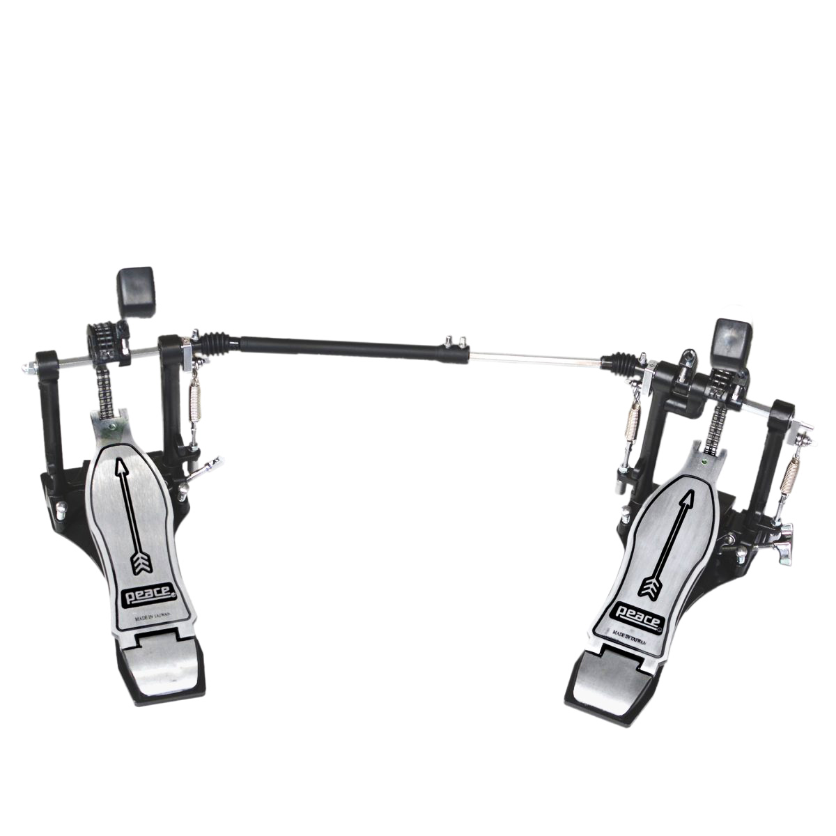 Peace Arrow Series double bass drum kick pedal with black frames, dual chain drives, and silver footboards featuring black arrow graphics.
