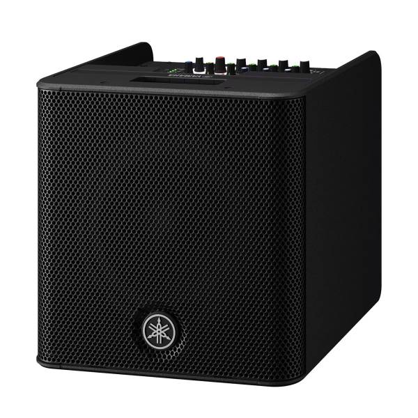 A standard full-body, three-quarter angled shot of a black Yamaha STAGEPAS 200 portable PA speaker against a plain white background. The unit features a large black perforated metal grille on the front with a circular white-and-black Yamaha tuning fork logo at the bottom center. The top panel has a recessed section containing a built-in mixer with multiple control knobs, some featuring blue, red, and green accents.