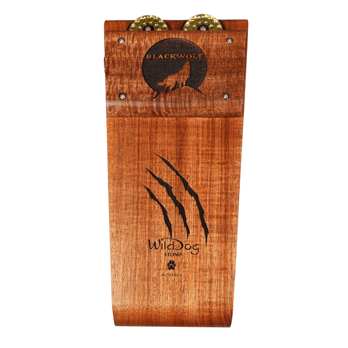 Wild Dog Blackwolf stomp box made of rich timber featuring brass jingles, a howling wolf engraving, and three claw marks.