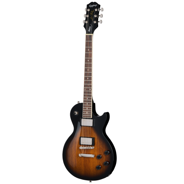 A full-length view of an Epiphone Les Paul Tribute electric guitar featuring a Vintage Sunburst finish, chrome-covered humbucking pickups, a dark fretboard with trapezoid inlays, and four black control knobs.