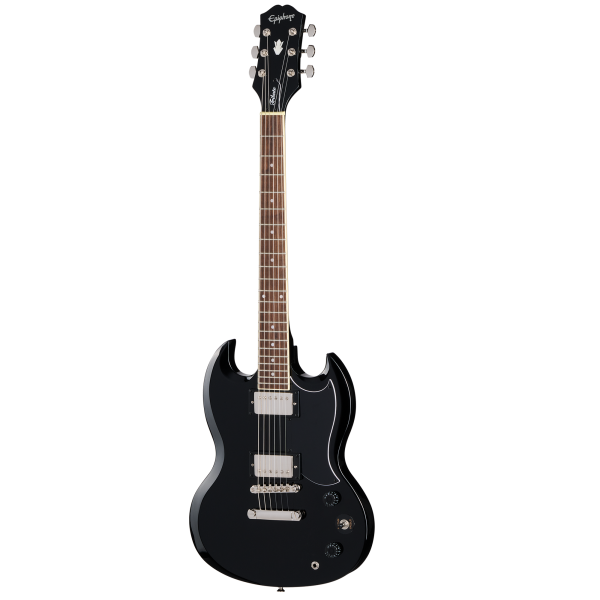 An Epiphone SG Tribute electric guitar with an ebony black finish. The image features a full-length view of the guitar showing the body, pickguard, and pickups against a black background.