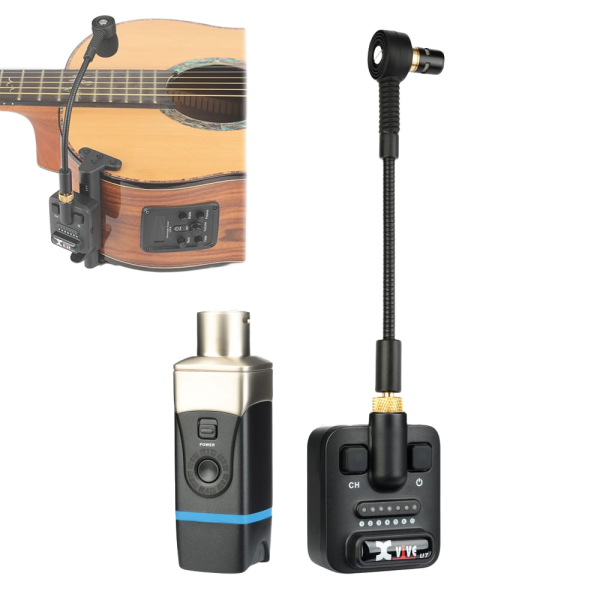 An Xvive U8 wireless receiver and transmitter with a gooseneck microphone. An inset image illustrates the transmitter and microphone clamped to the side of a wooden acoustic guitar.