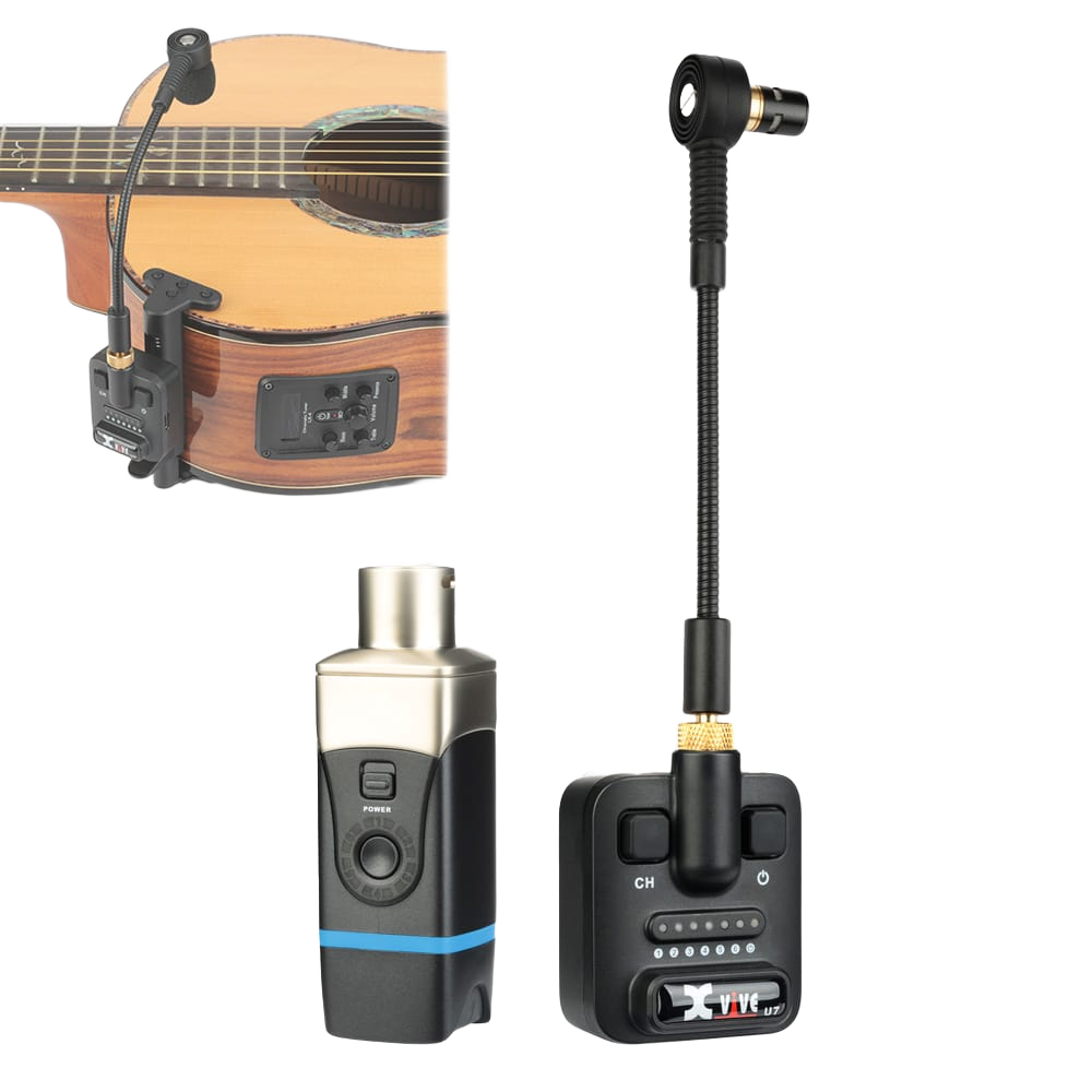 An Xvive U8 wireless receiver and transmitter with a gooseneck microphone. An inset image illustrates the transmitter and microphone clamped to the side of a wooden acoustic guitar.