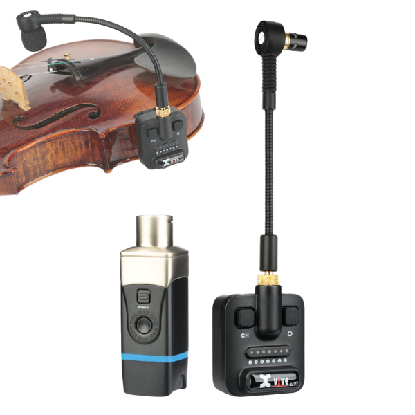 An Xvive U9 wireless receiver and a transmitter connected to a gooseneck microphone. An inset image shows the microphone system mounted onto a wooden violin.