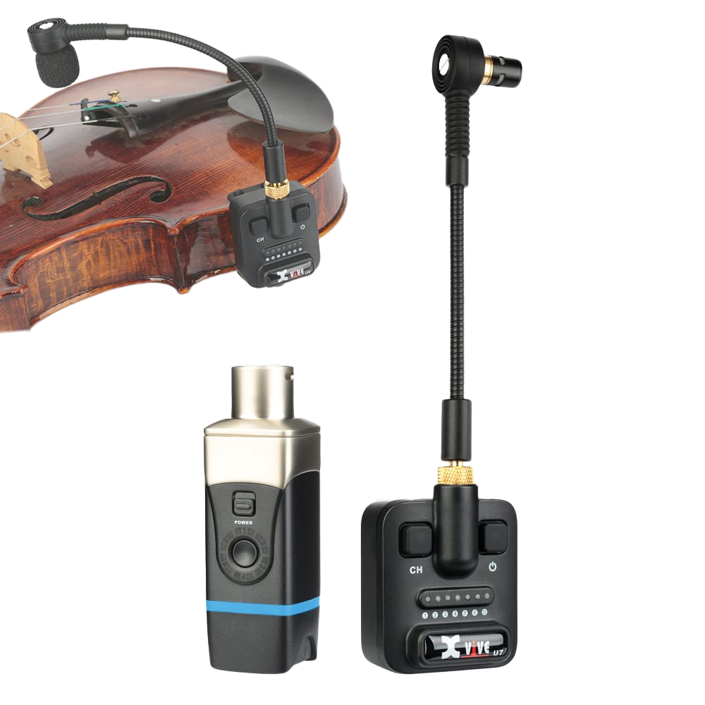 An Xvive U9 wireless receiver and a transmitter connected to a gooseneck microphone. An inset image shows the microphone system mounted onto a wooden violin.