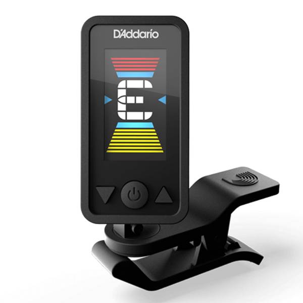 Black D'Addario Eclipse PW-CT-28 clip-on tuner for cello and bass displaying an E note on a bright full-color screen.