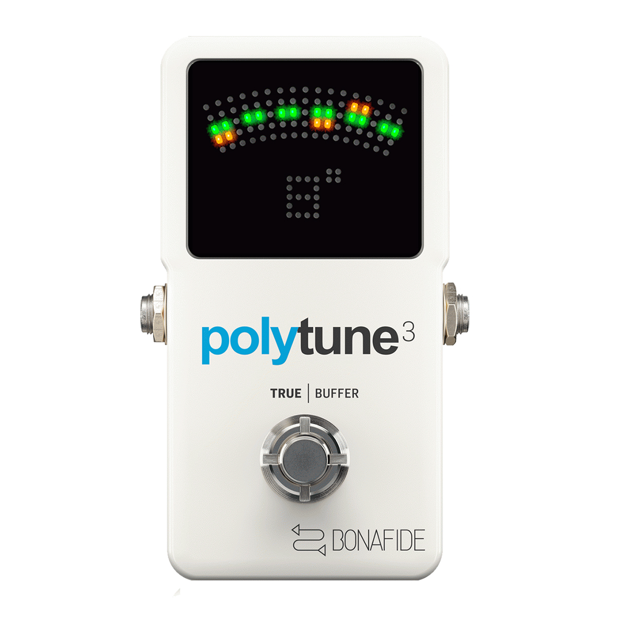 A white TC Electronic PolyTune 3 guitar tuner pedal featuring a glowing LED display indicating tuning status, and a metal footswitch.