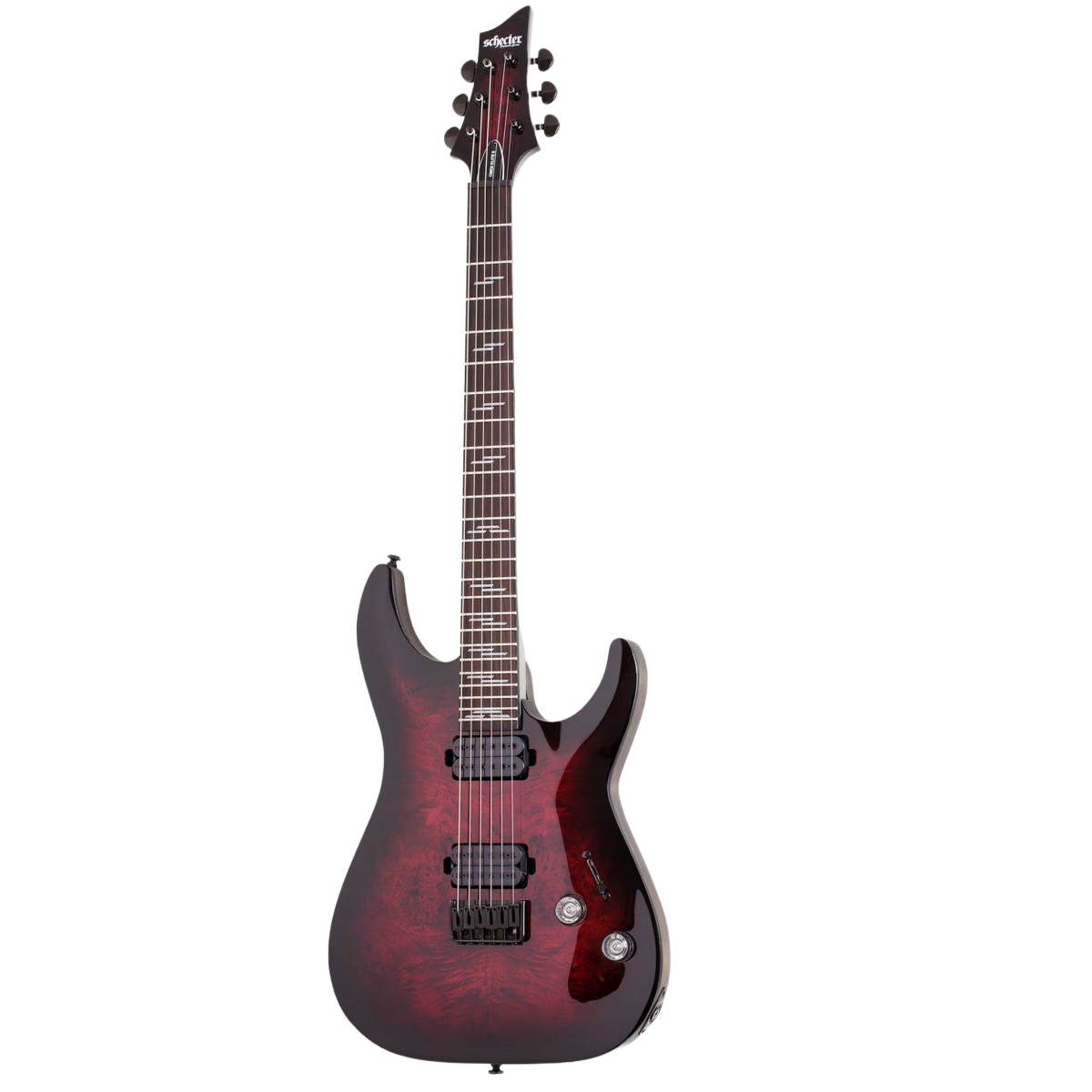 Schecter Omen Elite-6 electric solid body guitar with complex burl top.