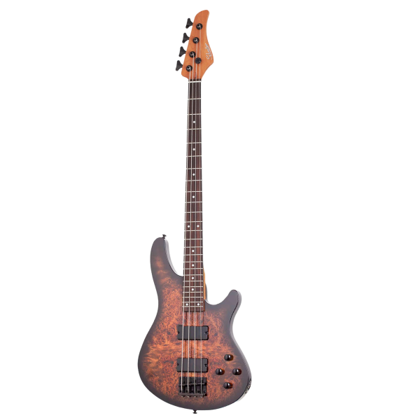 Schecter C-4 Standard electric bass guitar in Tobacco Burl finish with passive pickups.
