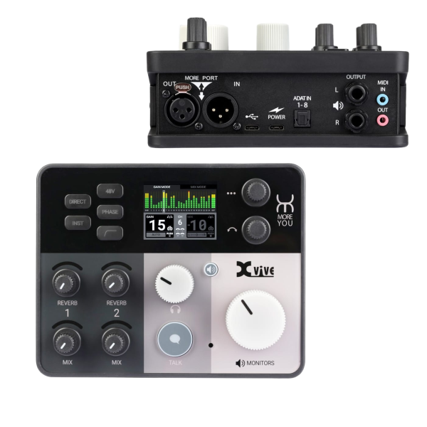 Two views of the Xvive More You Hub interface, showcasing the front panel with a digital display, various control knobs, and a talk button, alongside the rear panel featuring XLR, USB-C, ADAT, and MIDI connections.
