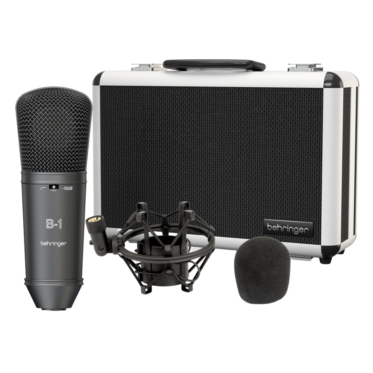 The Behringer B-1 Dark Edition microphone in a dark grey finish, displayed alongside a black shock mount, a black foam windscreen, and a silver and black carrying case.