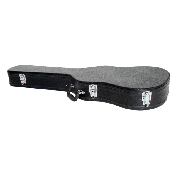 image displaying a closed black shaped guitar case with 3 chrome latches