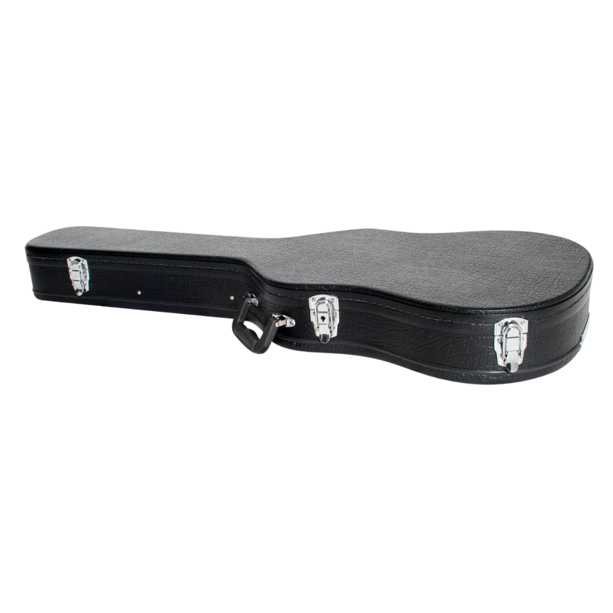 image displaying a closed black shaped guitar case with 3 chrome latches