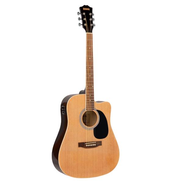 A natural gloss Redding RED50CE dreadnought electric acoustic guitar showing its spruce top, Venetian cutaway, and onboard EQ preamp.