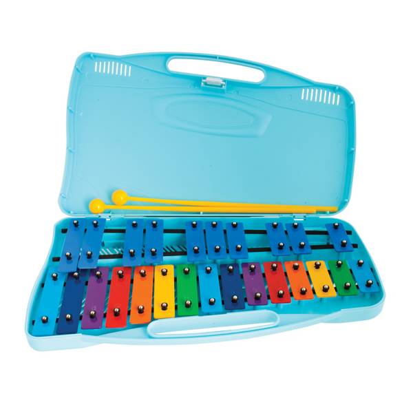 An open light blue plastic carrying case displaying the Angel AX25K Chromatic Glockenspiel, featuring two rows of multi-colored metal tone bars. Two yellow plastic mallets are resting inside the open upper lid of the case.
