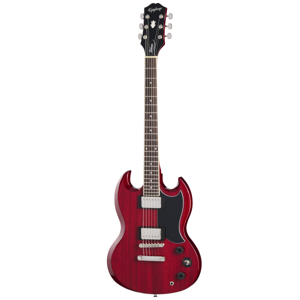 A full-length, straight-on view of an Epiphone SG Tribute electric guitar featuring a translucent cherry red finish, a black pickguard, dual humbuckers with nickel covers, and dot inlays.