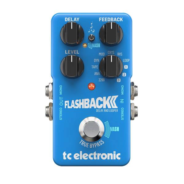 A blue TC Electronic Flashback 2 delay and looper pedal with four black knobs, a subdivision toggle switch, stereo inputs/outputs, and a MASH footswitch.