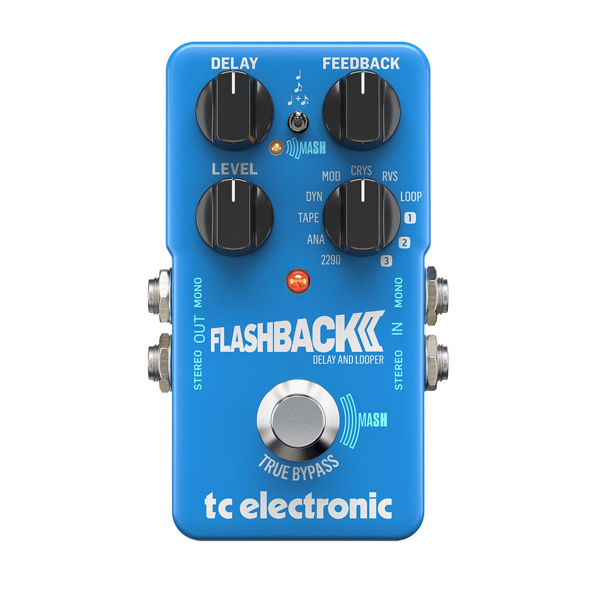 A blue TC Electronic Flashback 2 delay and looper pedal with four black knobs, a subdivision toggle switch, stereo inputs/outputs, and a MASH footswitch.
