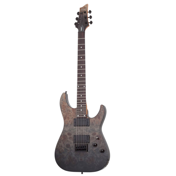 Schecter C-1 Standard electric guitar showcasing a Black Fade Burst Burl finish