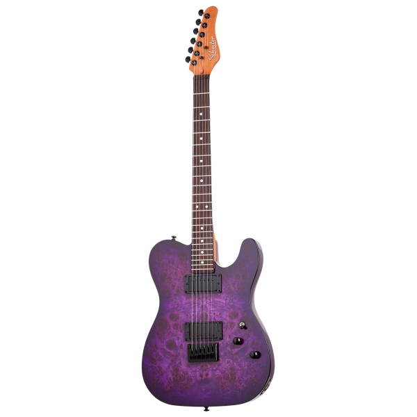 Schecter PT Standard T-style electric guitar in Purple Burst Burl finish.