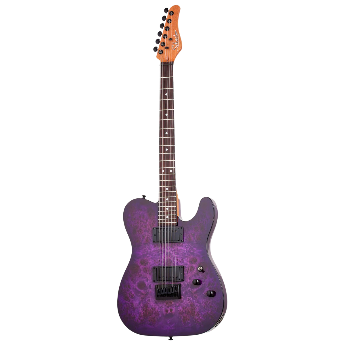 Schecter PT Standard T-style electric guitar in Purple Burst Burl finish.
