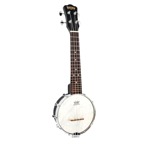 An open-back banjo ukulele featuring a Remo Weatherking head and a dark wooden neck.