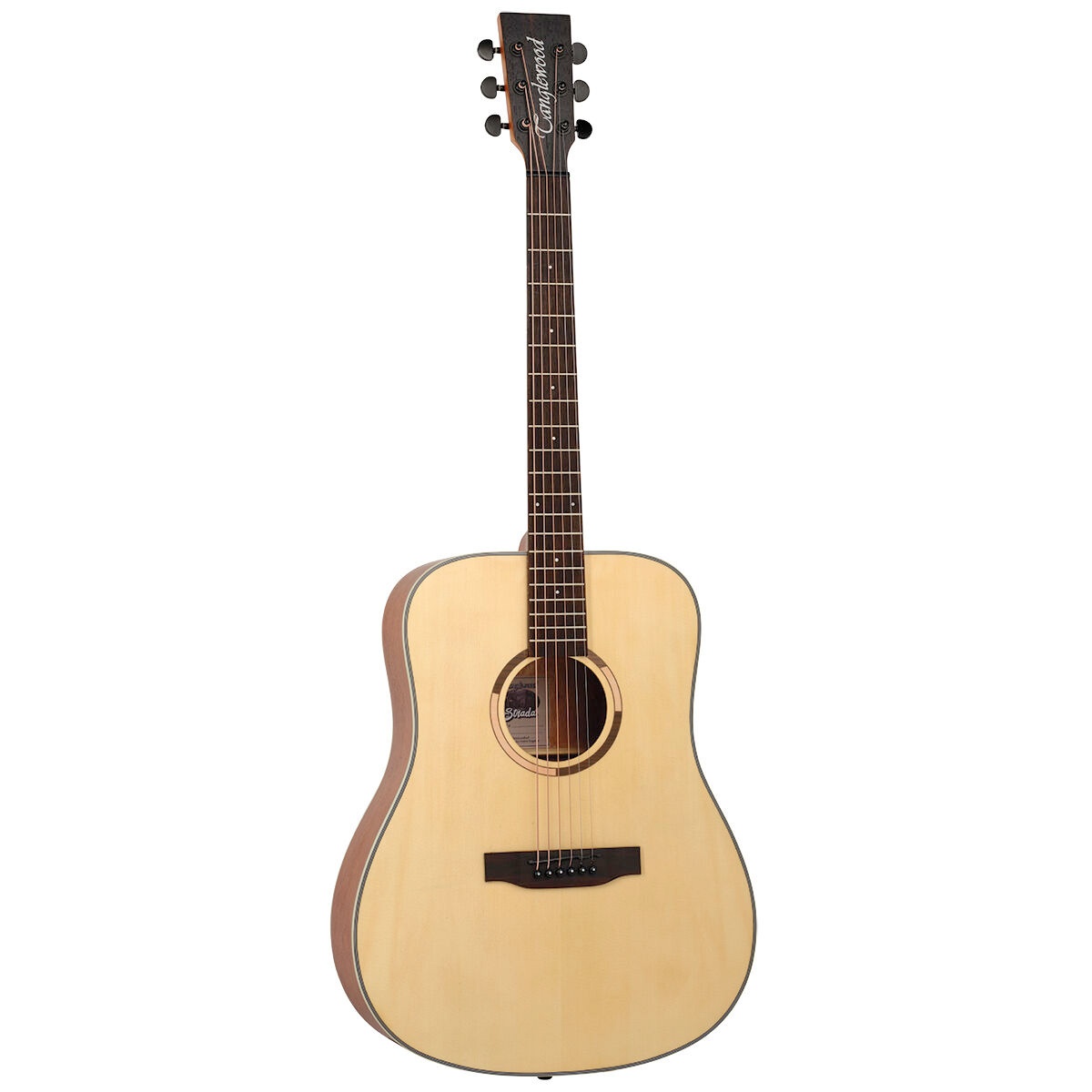 A Tanglewood TS5 Strada dreadnought acoustic guitar with a natural wood top, dark back and sides, and traditional non-cutaway shape.