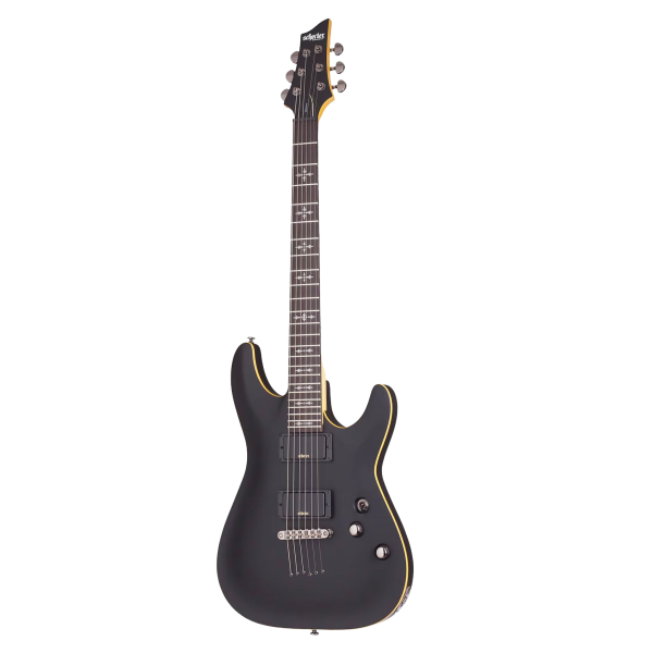 Schecter Demon 6 electric guitar in Aged Black Satin finish with active pickups.