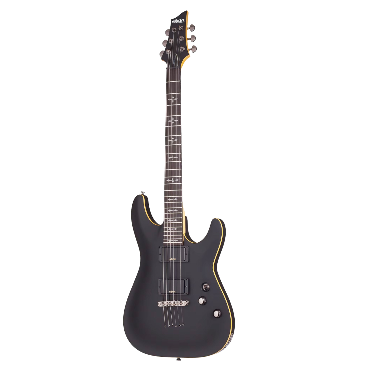Schecter Demon 6 electric guitar in Aged Black Satin finish with active pickups.