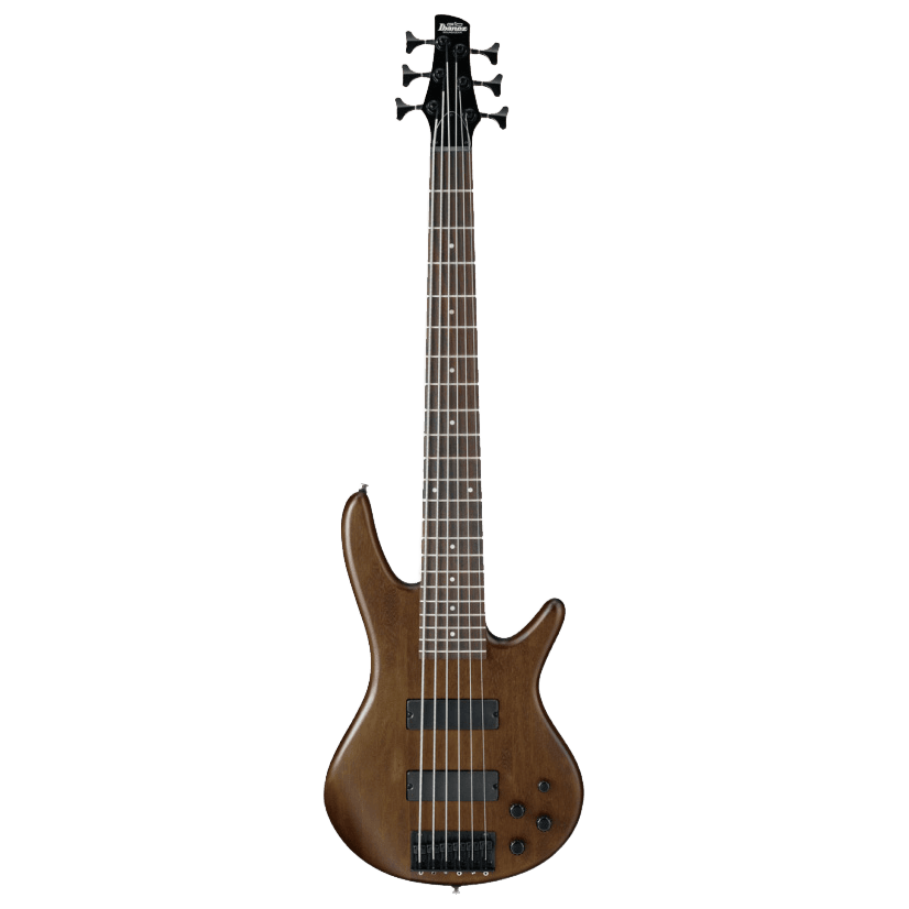 Ibanez SR206B WNF 6-string bass guitar displaying a Walnut Flat nyatoh body, dual pickups, and a slim 6-string neck profile.