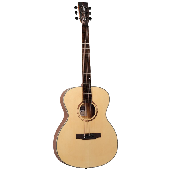 full-length studio photograph of a Tanglewood Strada TS3 orchestra folk acoustic guitar with a natural wood spruce top, mahogany back and sides, and a dark wooden headstock against a solid white background.