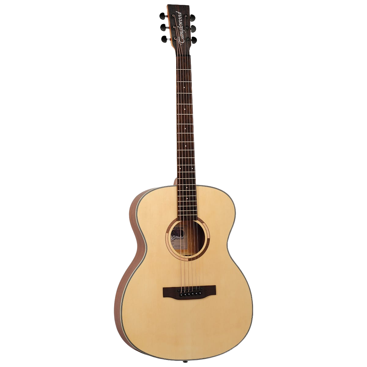 full-length studio photograph of a Tanglewood Strada TS3 orchestra folk acoustic guitar with a natural wood spruce top, mahogany back and sides, and a dark wooden headstock against a solid white background.
