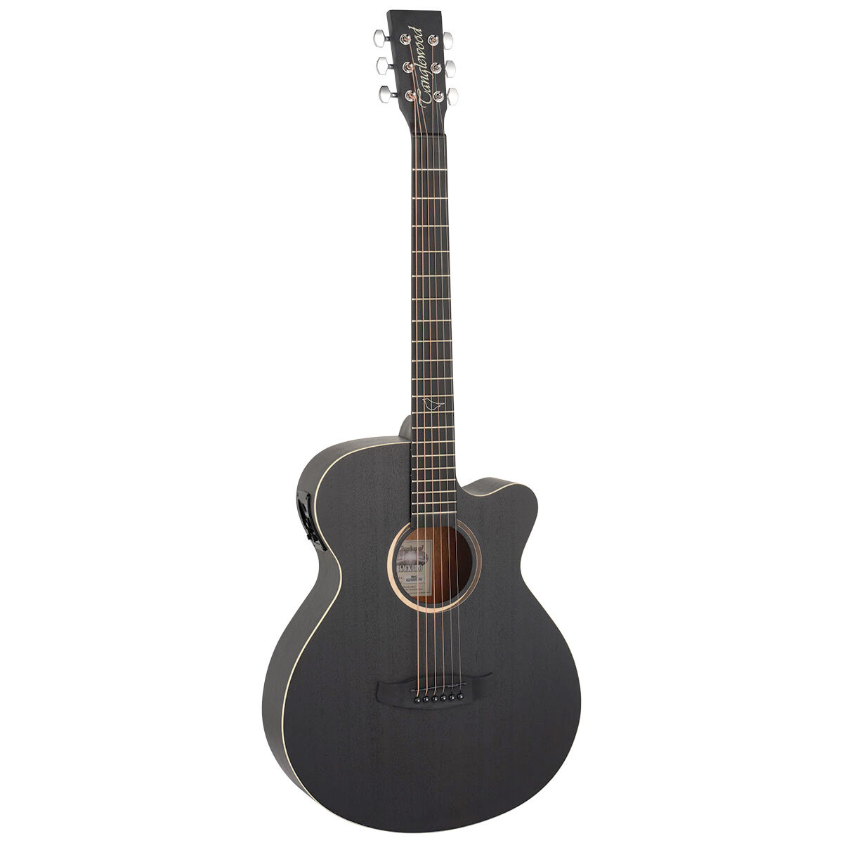 A Tanglewood TB4-CE Blackbird acoustic-electric guitar featuring a matte black finish, cutaway body, and side-mounted electronics panel.