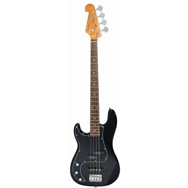 Full size black left-handed SX VEP62 bass guitar with black pickguard and split-coil pickup.