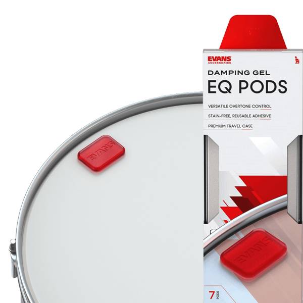 White Evans EQ Pods retail box with red and black graphics alongside an inset image of a red gel damping pod attached to a white drumhead.