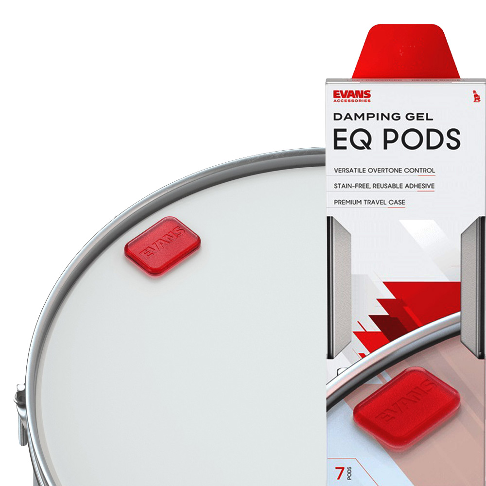 White Evans EQ Pods retail box with red and black graphics alongside an inset image of a red gel damping pod attached to a white drumhead.